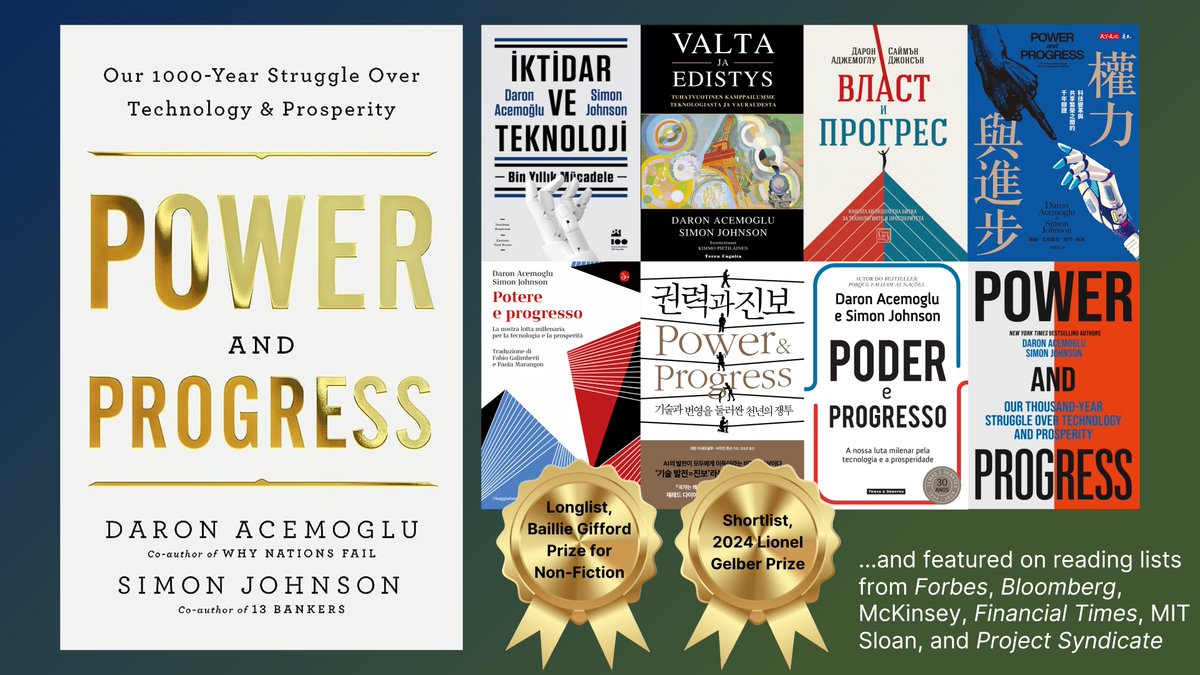 Since its release in May 2023, Power and Progress by @DAcemogluMIT and @baselinescene has been published in 12 languages (with more to come), featured on 18 booklists, and nominated for 3 awards. Learn more: shapingwork.mit.edu/power-and-prog…