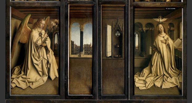 In a low room over the church doors, overlooking the city, Mary hears some remarkable news. Ghent Altarpiece, by Jan & Hubert van Eyck, dedicated on this day in 1432.