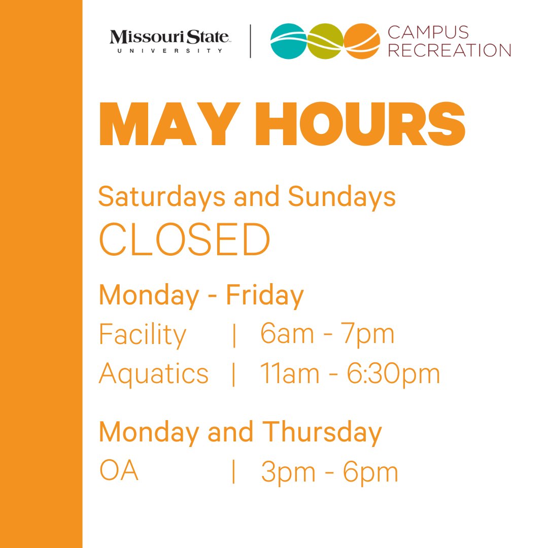 _MSUCampusRec's tweet image. Summer hours start this Saturday. That means we will be closed May 11th and 12th.
If we don&apos;t see you over the summer have a great break and we&apos;ll look for you in the fall!