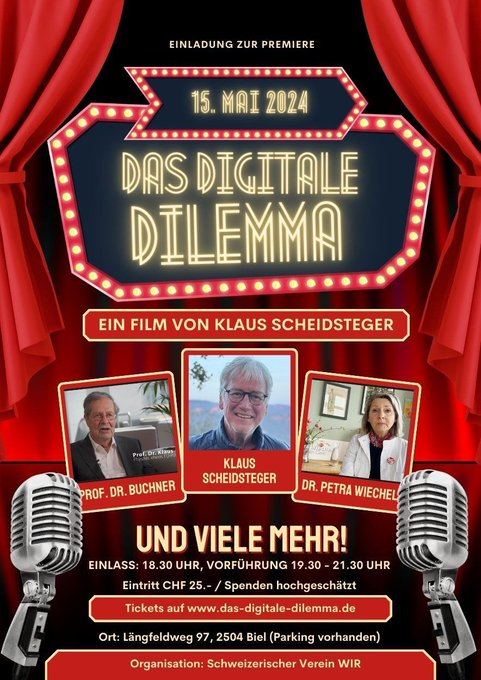 Schweizer Filmpremiere Dokumentarfilm „Das digitale Dilemma“

OFFZIELLE EINLADUNG FILMPREMIERE IN DER SCHWEIZ🇨🇭 (Deutsche Version)
@VB_Schweiz  @ChantalStadelm1  @RealWsiegrist 
@RolandLthi1  @fritz_jordi 
zu den Details:
👇👇👇
4else.com/de/47wcd1gem