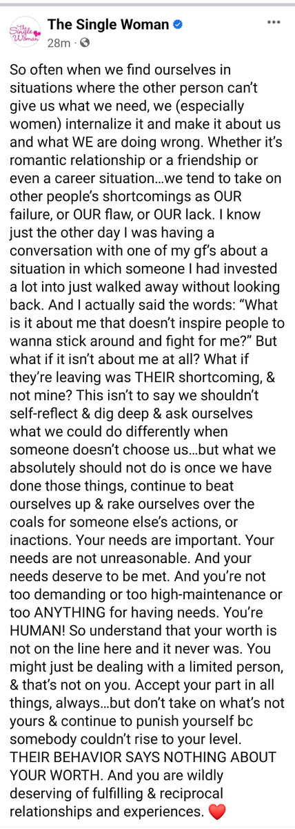 This is a little long, but very much worth the read, imo. #TheSingleWoman is very wise and speaks so much truth here! 🎯👏🏻 I have been there and asked myself those same ?s. 😔
#Reciprocal relationships, folks. If they wanted to, (or could) they WOULD. 💯
#selfworth