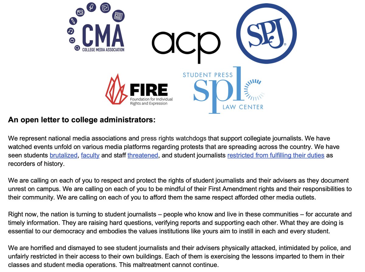 Last week, SPLC joined @collegemedia, @acpress, @spj_tweets and @TheFIREorg in calling on campus administrators to be supportive of student journalists as they cover demonstrations and protests. 'This maltreatment cannot continue.' ➡️ loom.ly/oMy6G_0