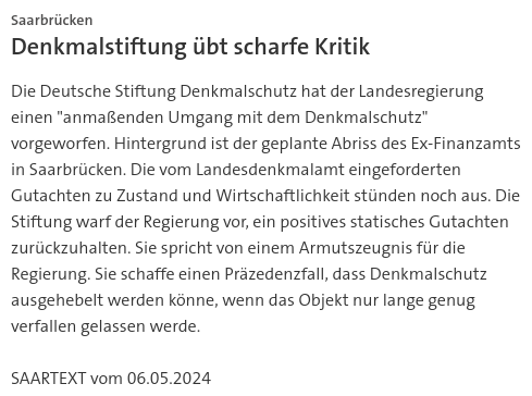 #SKK20240506 #SAARTEXT #Deutschland #Saarland #Saarbrücken Die Deutsche Stiftung Denkmalschutz hat der Landesregierung einen 'anmaßenden Umgang mit dem Denkmalschutz' vorgeworfen. | #Denkmalschutz #Landesregierung #Landesdenkmalamt #Finanzamt