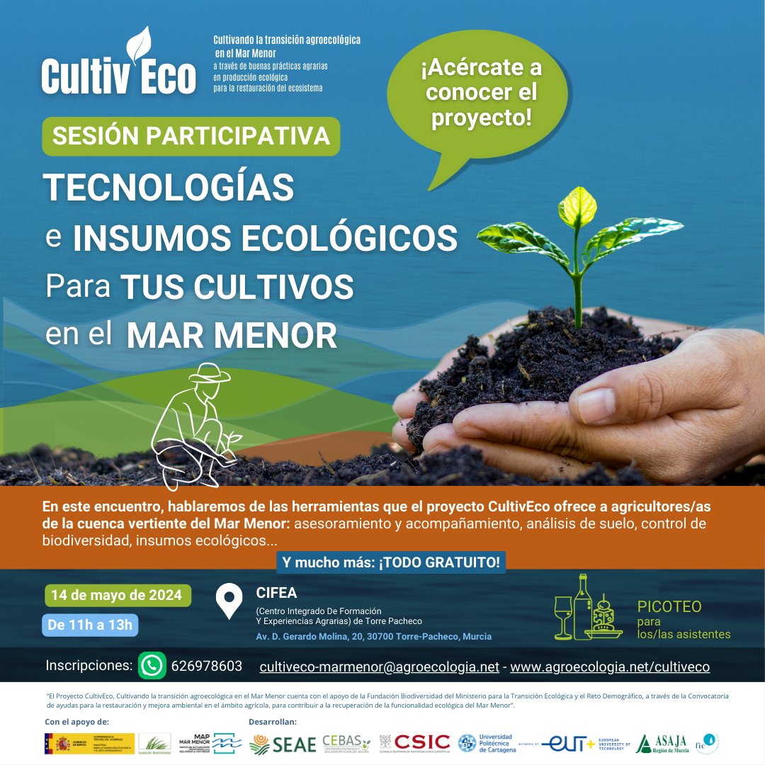 Todas estas herramientas las ofrece (gratis) el proyecto #CultivEco y hay una sesión informativa el próximo 16 de mayo en el #CIFEA de Torre Pacheco 🌱 'Tecnologías e insumos ecológicos para tus #cultivos' #Inscripciones 👉 agroecologia.net/tecnologias-e-… #ProyectosFB #MIMArMEnor