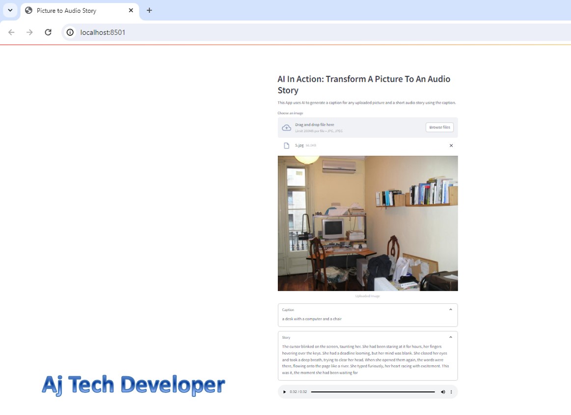 AjTechDeveloper's tweet image. Learn to build a simple #GenerativeAI App to convert any image to an audio story using #python code, #LangChain @LangChainAI,models from #huggingface @huggingface and #streamlit UI in simple steps at #SoftwareDeveloperCentral with working code in #GitHub: softwaredevelopercentral.blogspot.com/2024/05/genera…