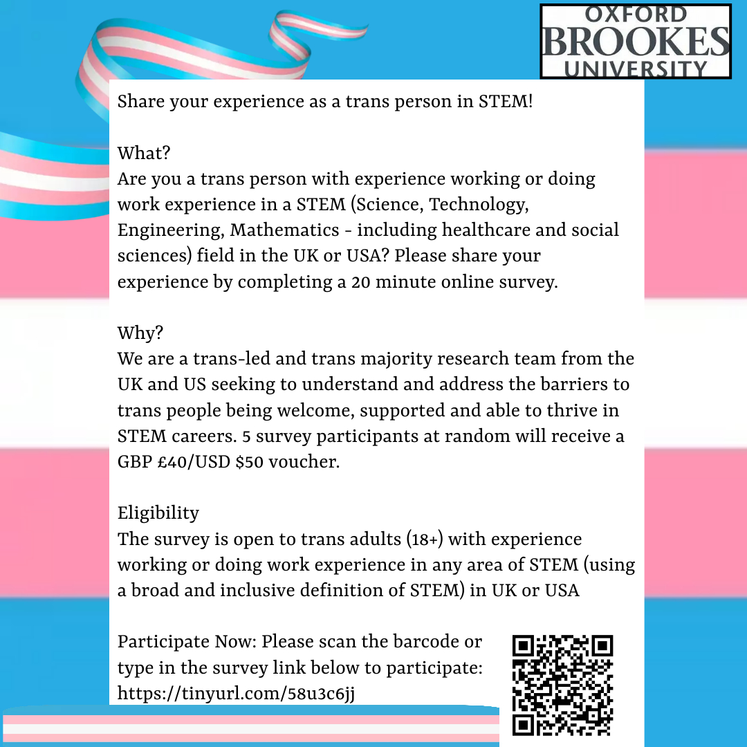Calling trans people in STEM* in UK & USA. (*Science, Technology, Engineering, Mathematics - including healthcare & social sciences) Participate in trans-led research on your experiences. And please share. Details here: brookes.fra1.qualtrics.com/jfe/form/SV_0k… #LGBTinSTEM #TransinSTEM