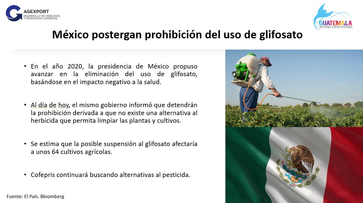 La razón del freno a la prohibición se debe, en parte, al #análisis del #impacto que generaría en los niveles de #producción #agrícola de #México. #normativas #agrícola #cofepris @LPAJimenez @AGEXPORTGT