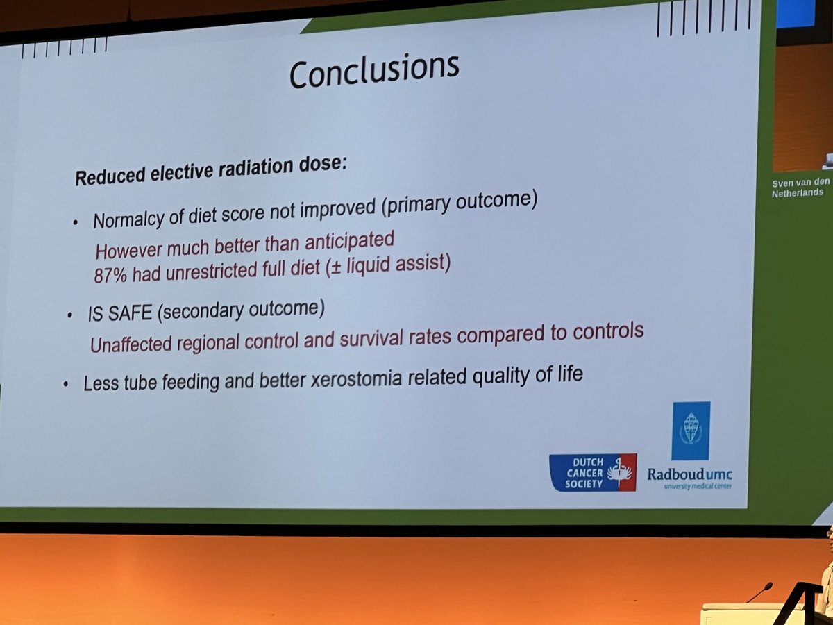Sushilberiwal's tweet photo. Reduced dose to elective node in modern imaging era shows no difference in recurrence but less tube feeding and xerostomia #estro24 . PI concludes should be SOC ⁦@drlorenmell⁩ https://t.co/XBUPt7OW5l