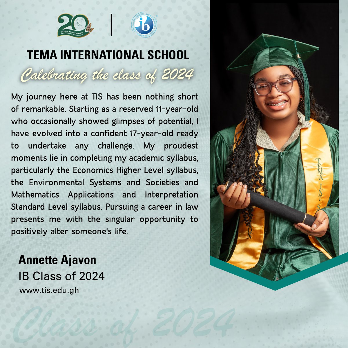 Celebrating the Class of 2024!!!

Congratulations Annette Ajavon. 🥳🎓👩‍🎓🍾

#ibworldschool #tisalumni #tisexperience @ibalumni @iborganization #thecreatives #graduation  #ibclassof2024 #tisat20