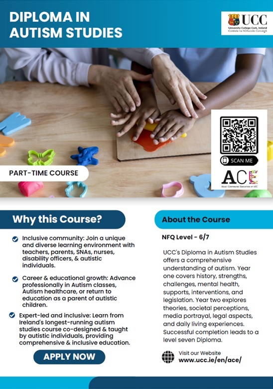Applications are open for this wonderful course, the longest-running course on Autism in Ireland. It is online so you can do this course from anywhere in the world. ucc.ie/en/ace-daus/ @ACEUCC @UCC