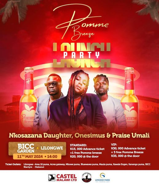 Celebrate the launch of a brand new lifestyle with Castel Malawi this weekend. 📷
Enjoy the vibes with Pomme Breeze as you witness performances by:
📷Nkosazana Daughter
📷Onesimus
📷Praise Umali
📷BICC Garden
📷 2pm
📷 May 11
*Grab Your Tickets Now*
#ItsALifestyle