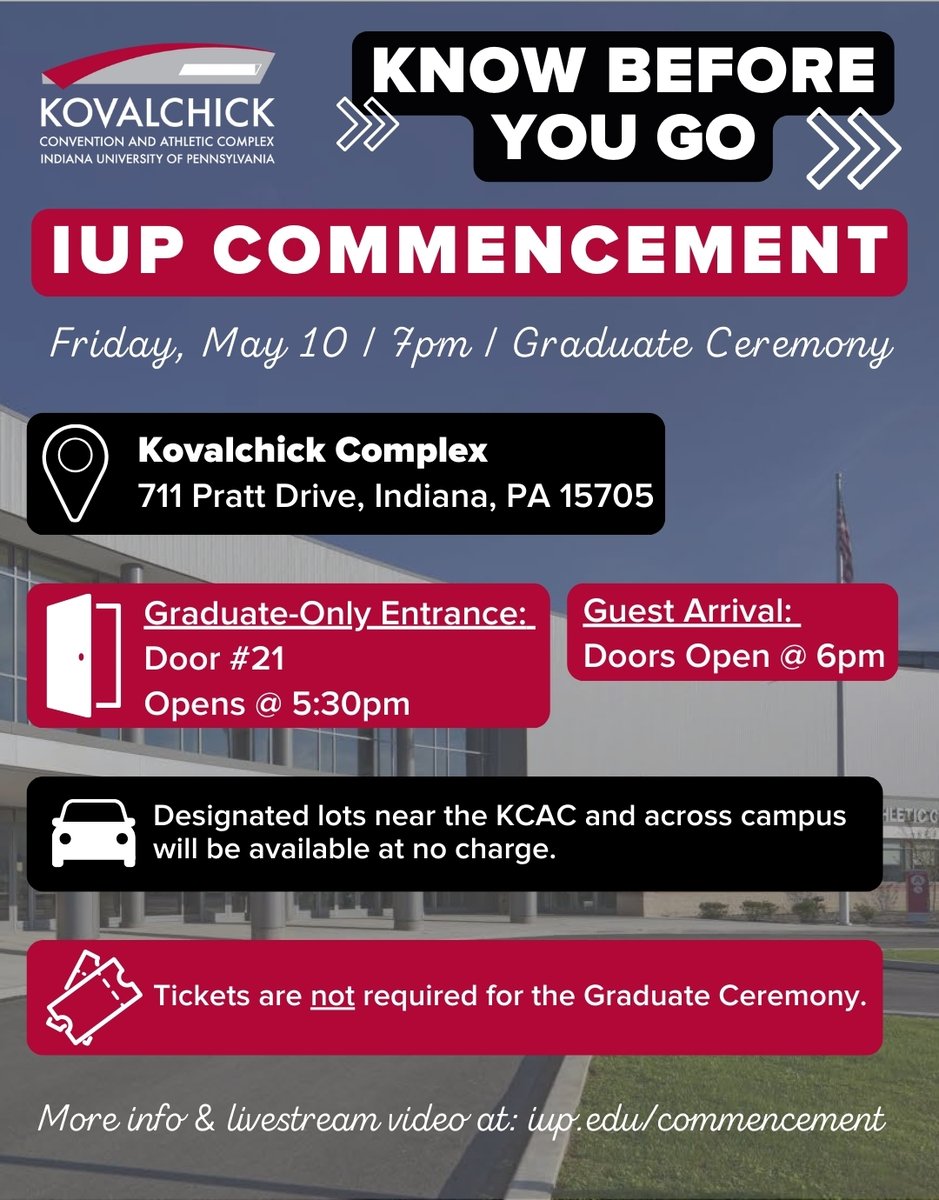 Kovalchick Complex (@kcac_iup) on Twitter photo Attending IUP Commencement? Important info โฌ๏ธ
๐
๐๐๐๐๐
๐ชfor graduates @ 5:30 | Guests @ 6
๐๐๐. ๐๐
๐ช for graduates @ 7:30 | Guests @ 8 - ๐ฒ๐๐ฅ๐ฅ๐จ๐ฐ ๐๏ธ
๐๐๐. ๐๐
๐ช for graduates @ 12:30 | Guests @ 1 - ๐๐ฅ๐ฎ๐ ๐๏ธ
More info โก๏ธiup.edu/commencement/ Attending IUP Commencement? Important info โฌ๏ธ
๐
๐๐๐๐๐
๐ชfor graduates @ 5:30 | Guests @ 6
๐๐๐. ๐๐
๐ช for graduates @ 7:30 | Guests @ 8 - ๐ฒ๐๐ฅ๐ฅ๐จ๐ฐ ๐๏ธ
๐๐๐. ๐๐
๐ช for graduates @ 12:30 | Guests @ 1 - ๐๐ฅ๐ฎ๐ ๐๏ธ
More info โก๏ธiup.edu/commencement/