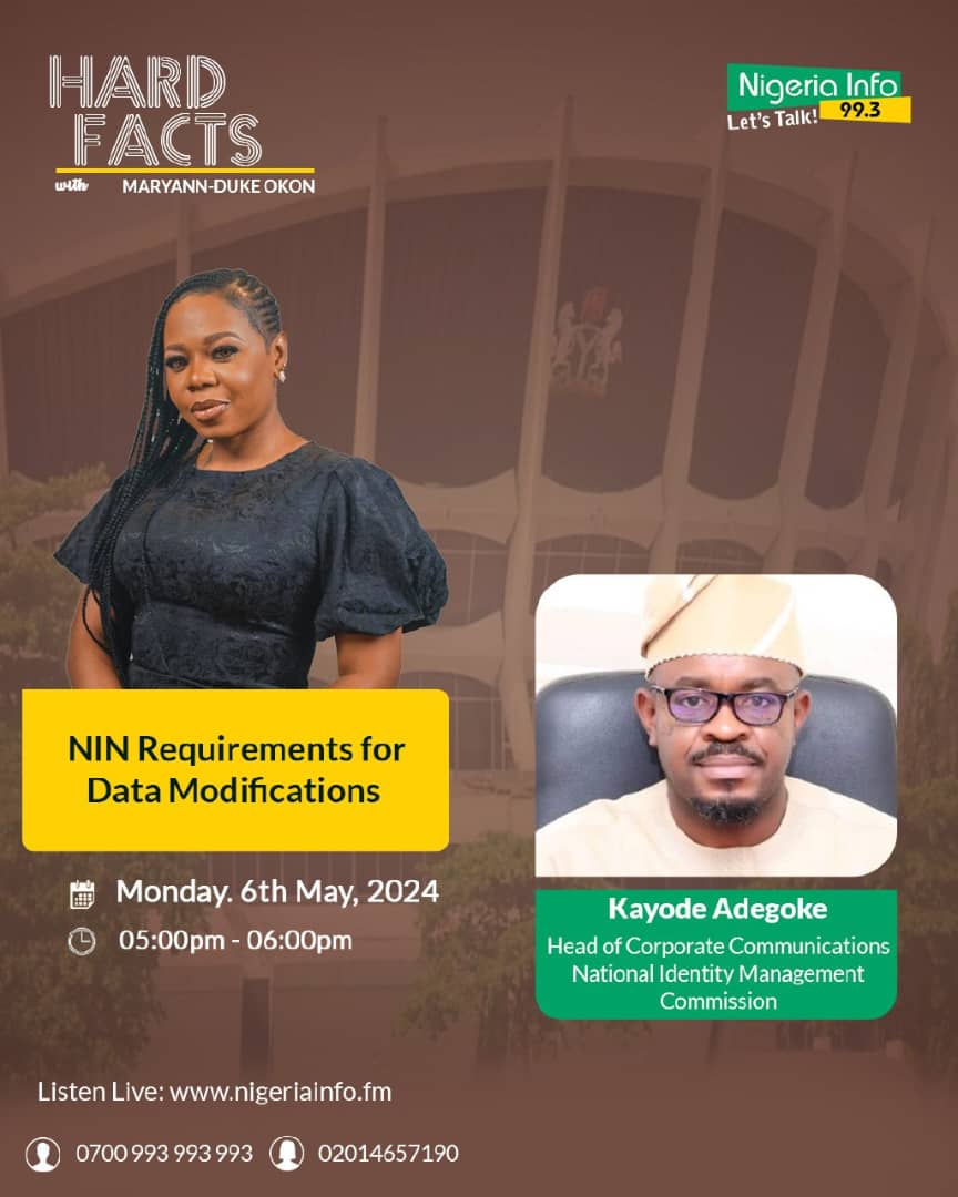 Big Hard Facts: NIN Requirements For Data Modifications Kayode Adegoke, Head of Corporate Communications National Identity Management Commission joins @mimieyo on #HardFacts #NigeriaInfoHF | 📻 nigeriainfo.fm/lagos/player/ ☎️ 0700993993993 ☎️ 0201 465 7190 (Female Only) 📩…