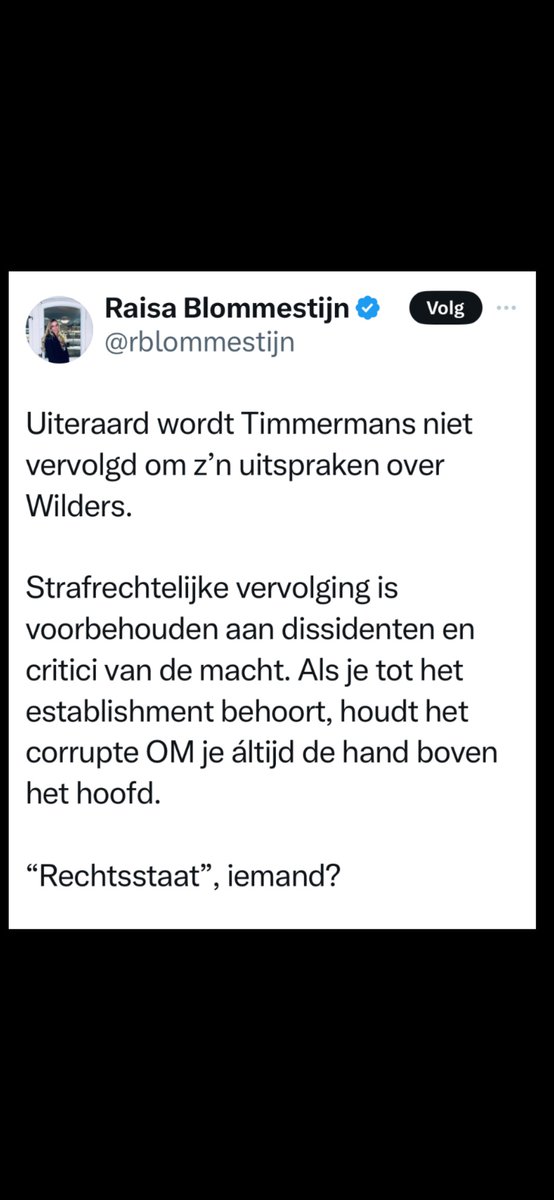 Niet alleen Mona Keijzer is 'n gevaarlijke vrouw. Raisa Blommestijn  is dat net zo goed. De instituten van de rechtsstaat worden door haar voortdurend in de verdachtenbank geplaatst. Daarmee werkt ze actief mee aan ondermijning van diezelfde rechtsstaat. 
#Timmermans #Timmerfrans