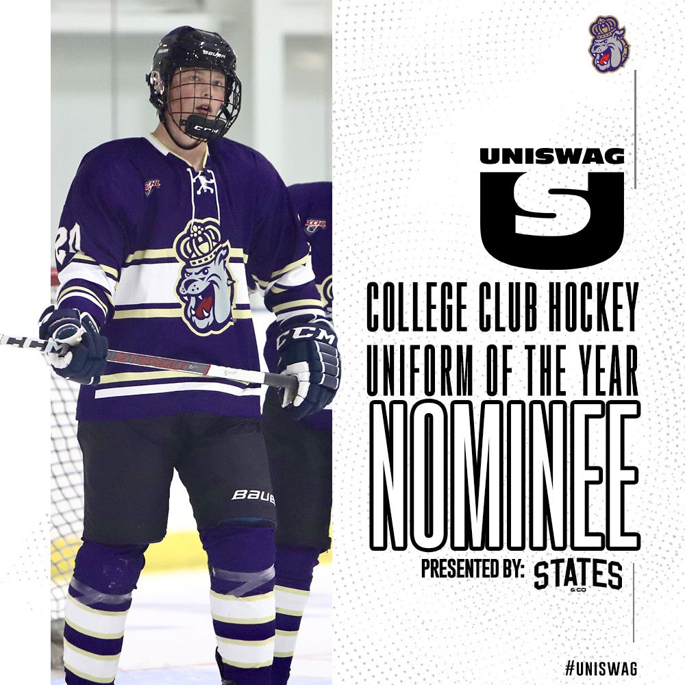 UNISWAG College Club Hockey Uniform of the Year Nominee presented by States & Co @JMUIceHockey is up for the best uniform of the 2023-24 College Club Hockey season! Click here to vote: bit.ly/2sHF6u9 #uniswag