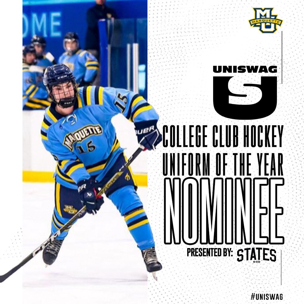 UNISWAG College Club Hockey Uniform of the Year Nominee presented by States & Co @MarquetteHockey is up for the best uniform of the 2023-24 College Club Hockey season! Click here to vote: bit.ly/2sHF6u9 #uniswag