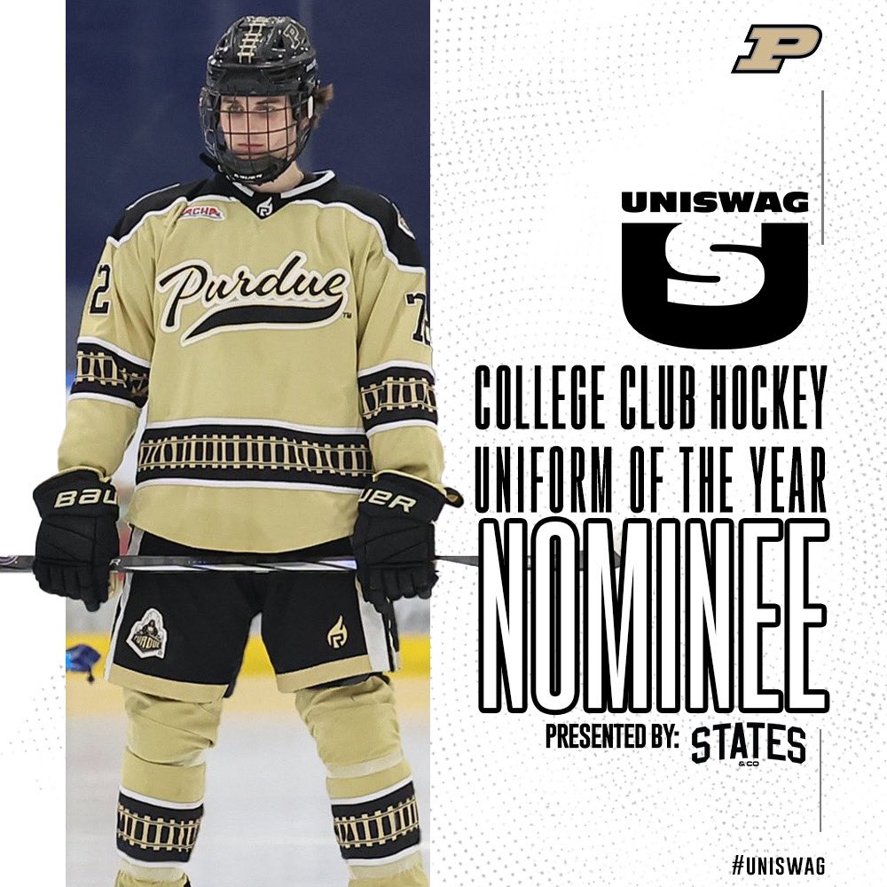 UNISWAG College Club Hockey Uniform of the Year Nominee presented by States & Co @purduehockey is up for the best uniform of the 2023-24 College Club Hockey season! Click here to vote: bit.ly/2sHF6u9 #uniswag
