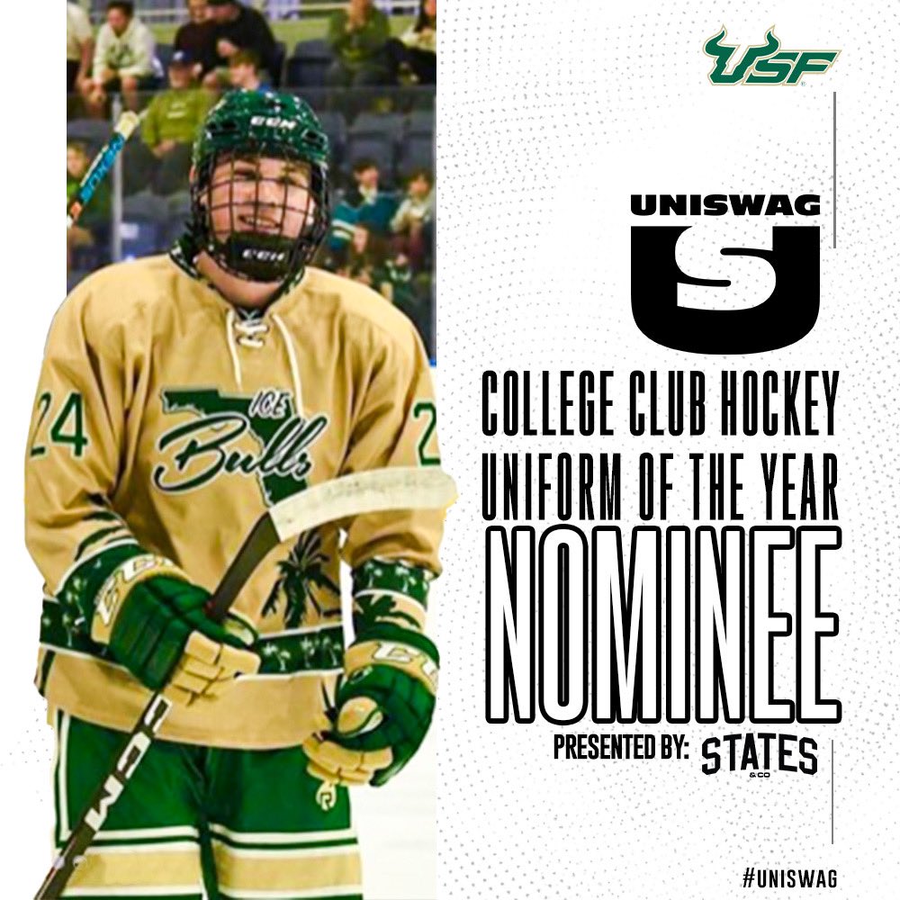 UNISWAG College Club Hockey Uniform of the Year Nominee presented by States & Co @HockeyClubUSF is up for the best uniform of the 2023-24 College Club Hockey season! Click here to vote: bit.ly/2sHF6u9 #uniswag
