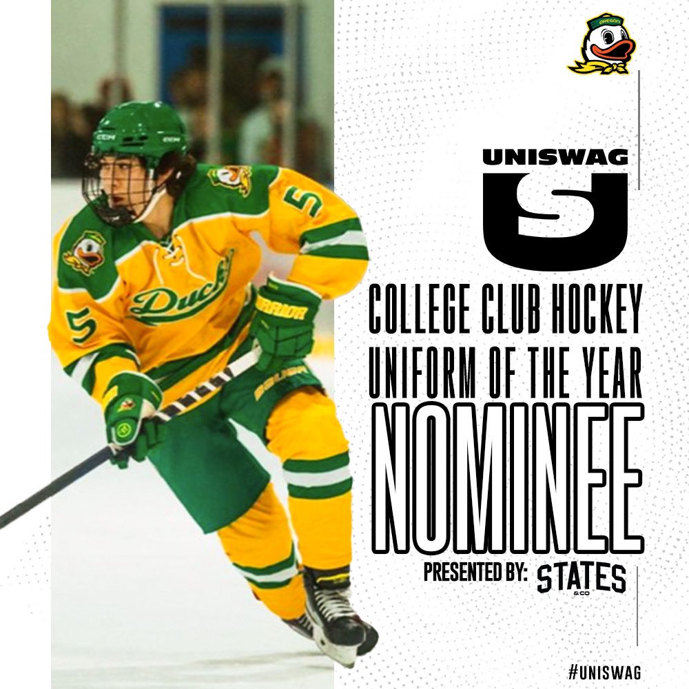 UNISWAG College Club Hockey Uniform of the Year Nominee presented by States & Co @UOHockey is up for the best uniform of the 2023-24 College Club Hockey season! Click here to vote: bit.ly/2sHF6u9 #uniswag
