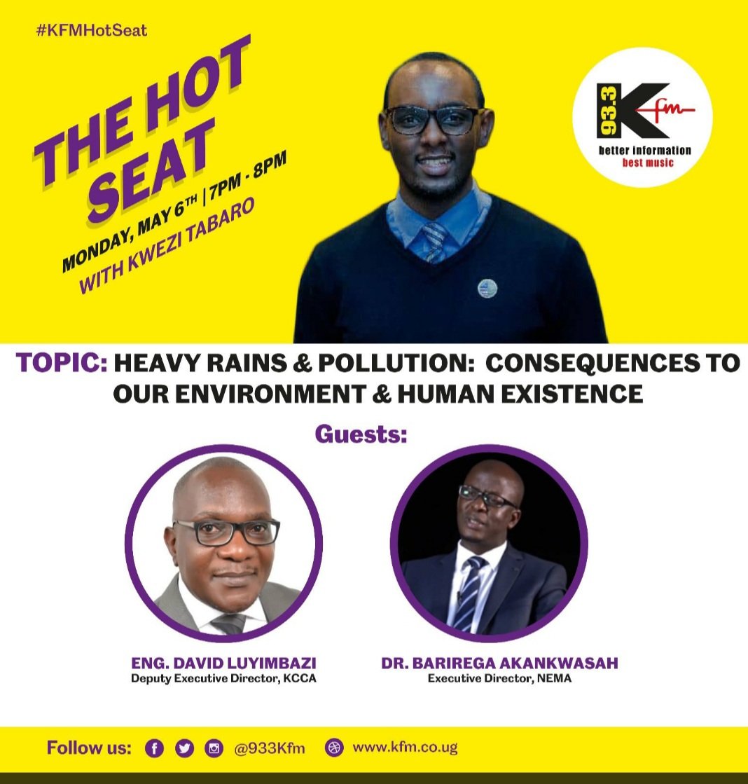 Five minutes before the 'THE HOT SEAT' with @Kwezi_Tabaro on Kfm. Topic of discussion is air quality and other aspects of the environment. Please tune in.