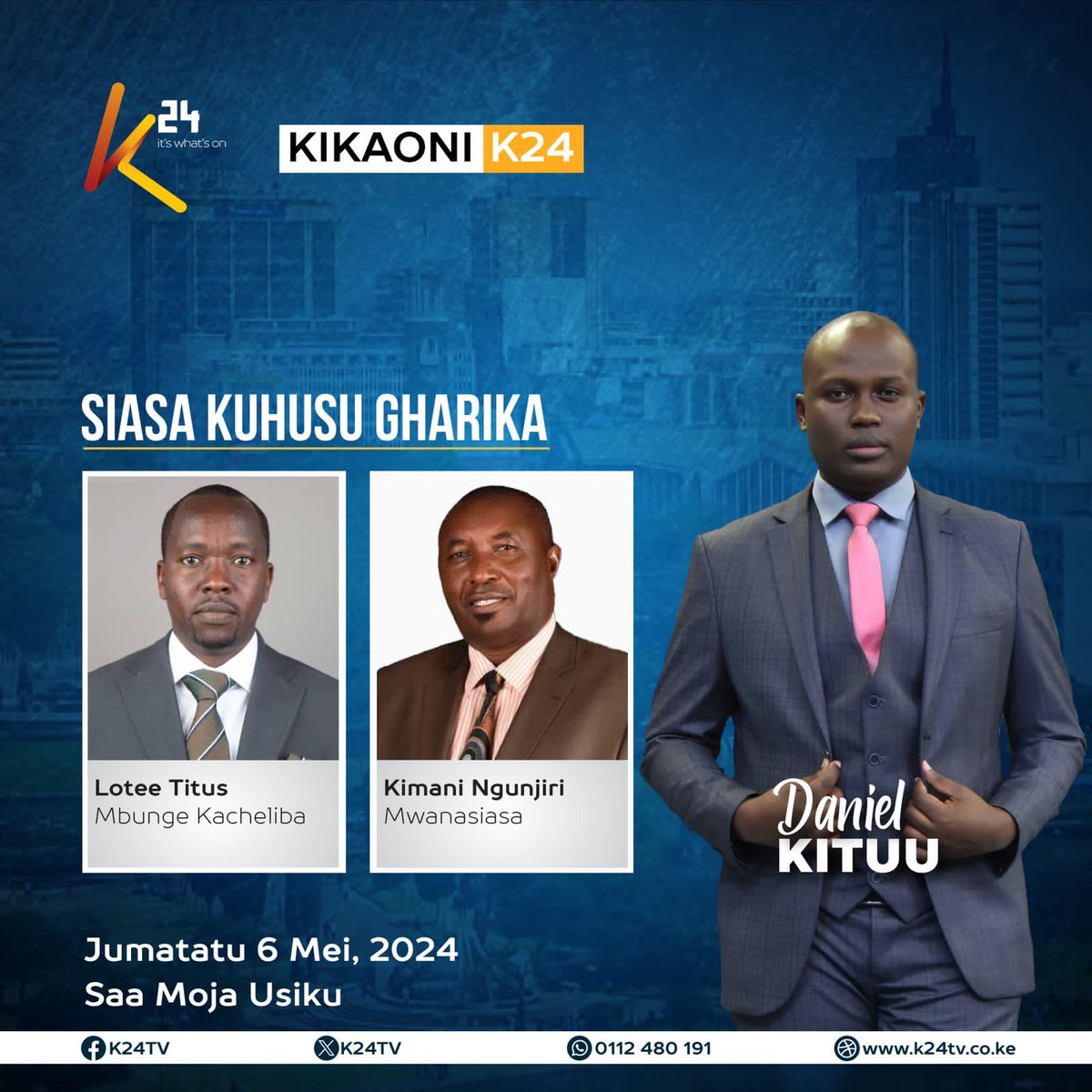 Hon. @kimaningunjiri will be in K24 Tv tonight . Tune in and be part of the substantial discussion on the climacteric debate on party politics. Don't miss the deciding discourse.