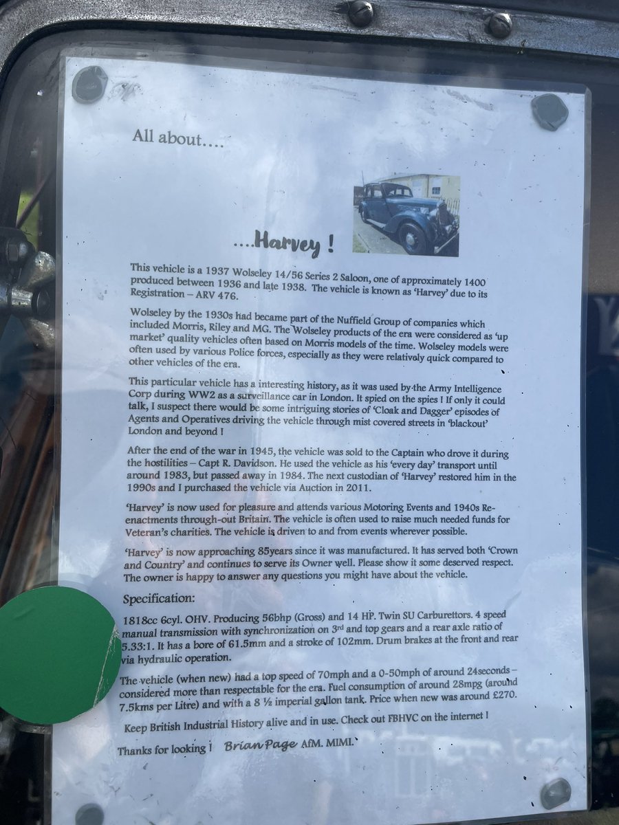 72Chip's tweet image. Interesting back story to this lovely 1937 Wolseley  14/56 which was used as an Army Intelligence Corps surveillance vehicle in London during the Second World War.