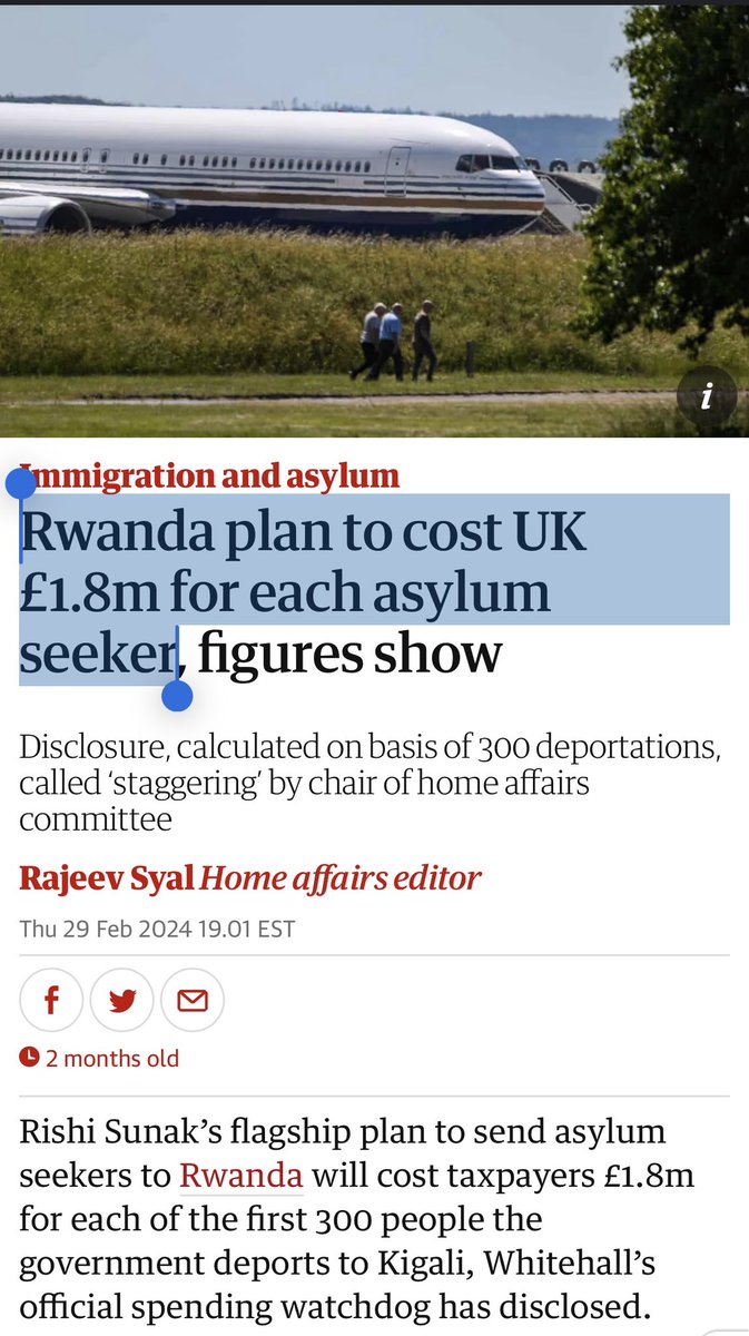 Jeez I’ve moaned about £40 mill Sunak spent on private helicopters & £40 mill on Cameron’s private but this😳👇🏼👇🏼 We’re now paying £1.8 mill per head for Migrants flying to Rwanda… 🤦🏼‍♂️ I bet Sunak will soon say “blame the greedy migrants if you can’t get a hospital bed”🥴