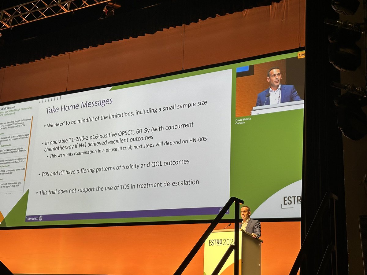 #ORATOR2 presented at #ESTRO2024 

RT VS TORS in #oropharyngealcancer
☢️ 2y OS 100%, PFS 100%, MDADI 89
🔪 2y OS 90%, PFS 84%, MDADI 83

@drdavidpalma @nicholslab1 #radonc