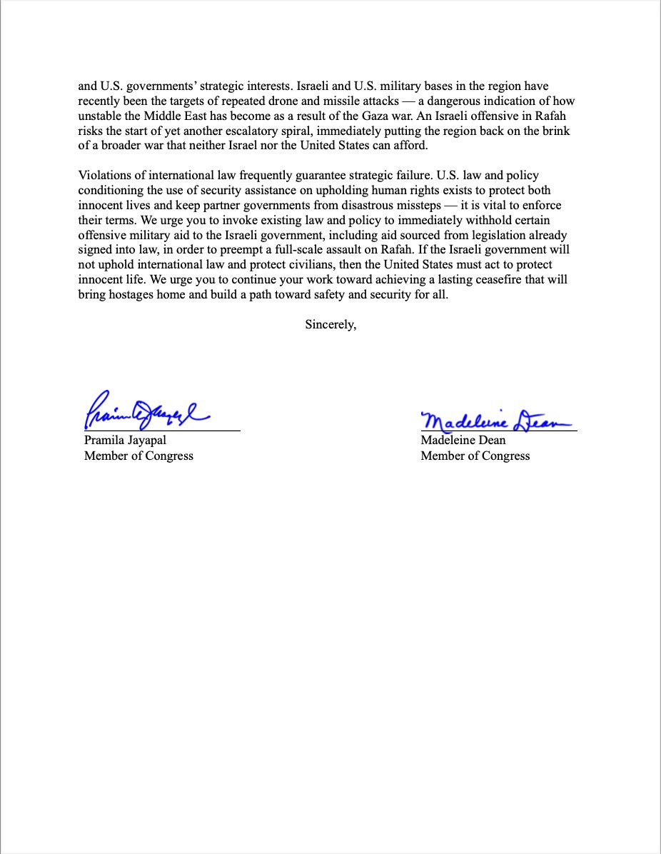 More than a million displaced civilians are sheltering in Rafah, with already strained access to food, water, shelter, and medicine. @RepJayapal and I led more than 50 colleagues in urging the Biden Administration to withhold certain aid ahead of the planned offensive on Rafah.