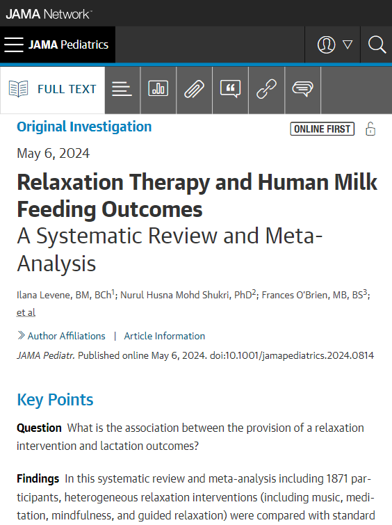 Provision of relaxation intervention (including music, meditation and mindfulness) to lactating parents was associated with an increase in human milk quantity and infant weight gain and a slight reduction in stress and anxiety. ja.ma/4b38uyB