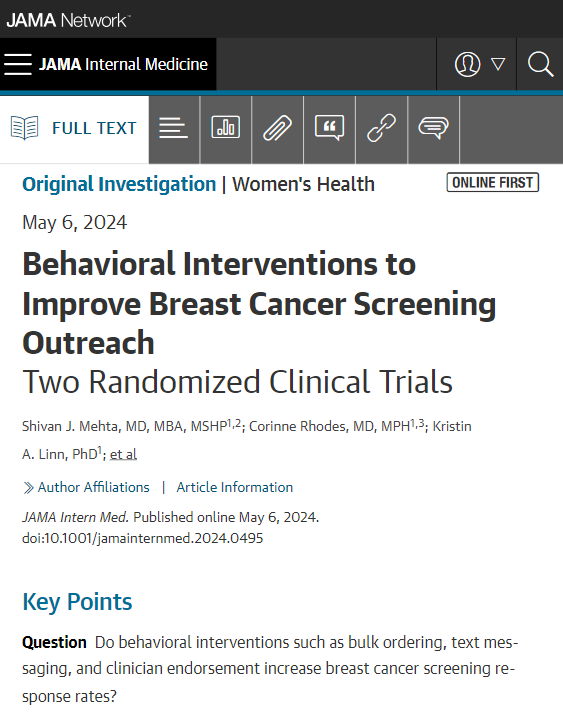 Text messaging women after initial breast cancer screening outreach via either electronic portal or mailings, as well as bulk ordering with or without text messaging, can increase mammogram completion rates, findings show. @shivan_mehta @pennmedicine ja.ma/4a5Mhi9