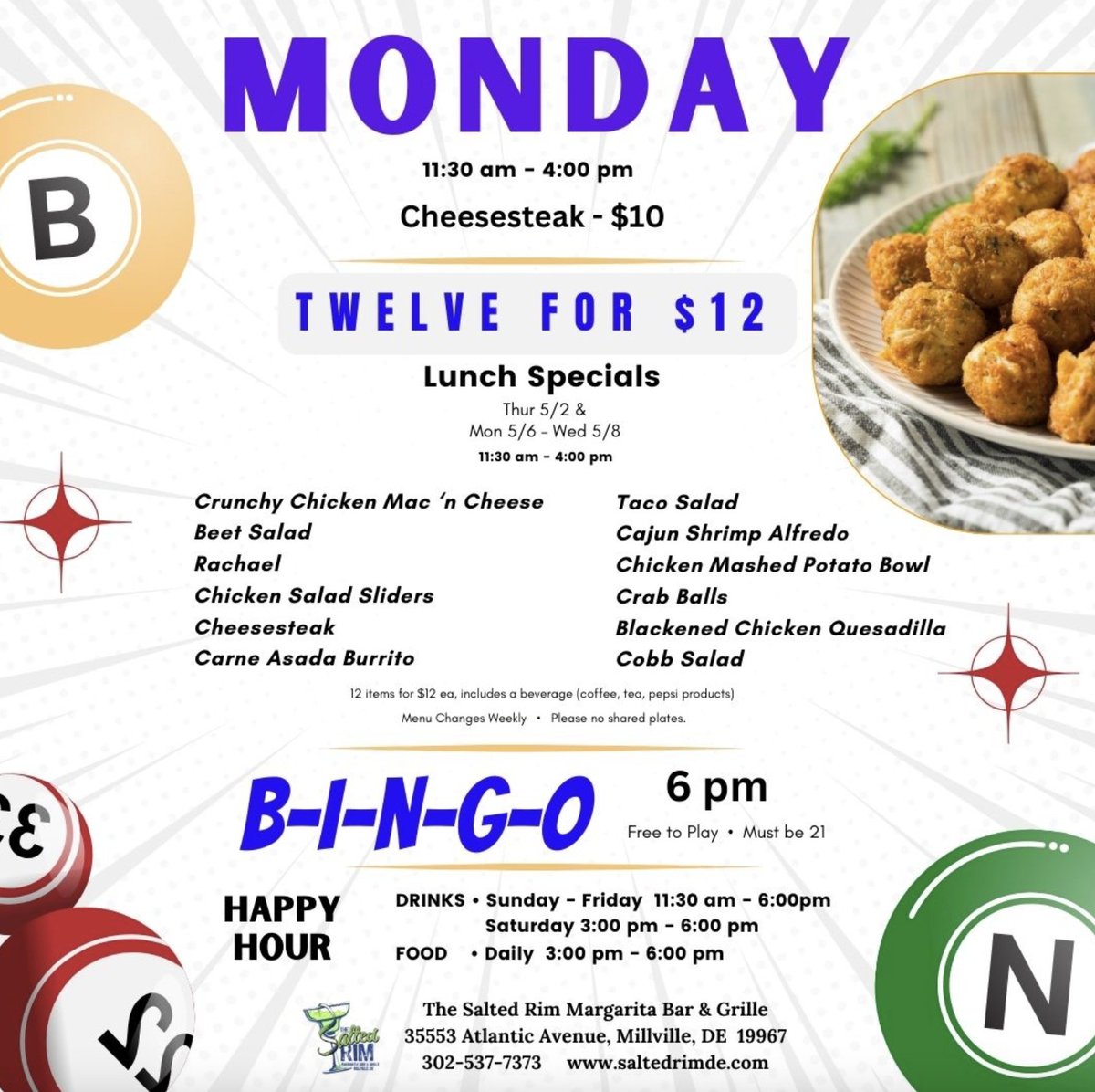 Grab one of our delicious cheesesteaks, then stick around for happy hour, & bingo night! The perfect way to spend your Monday evening. #thesaltedrim #bingonight #mondayspecials #bingo #happyhour #dinnervibes #happymonday