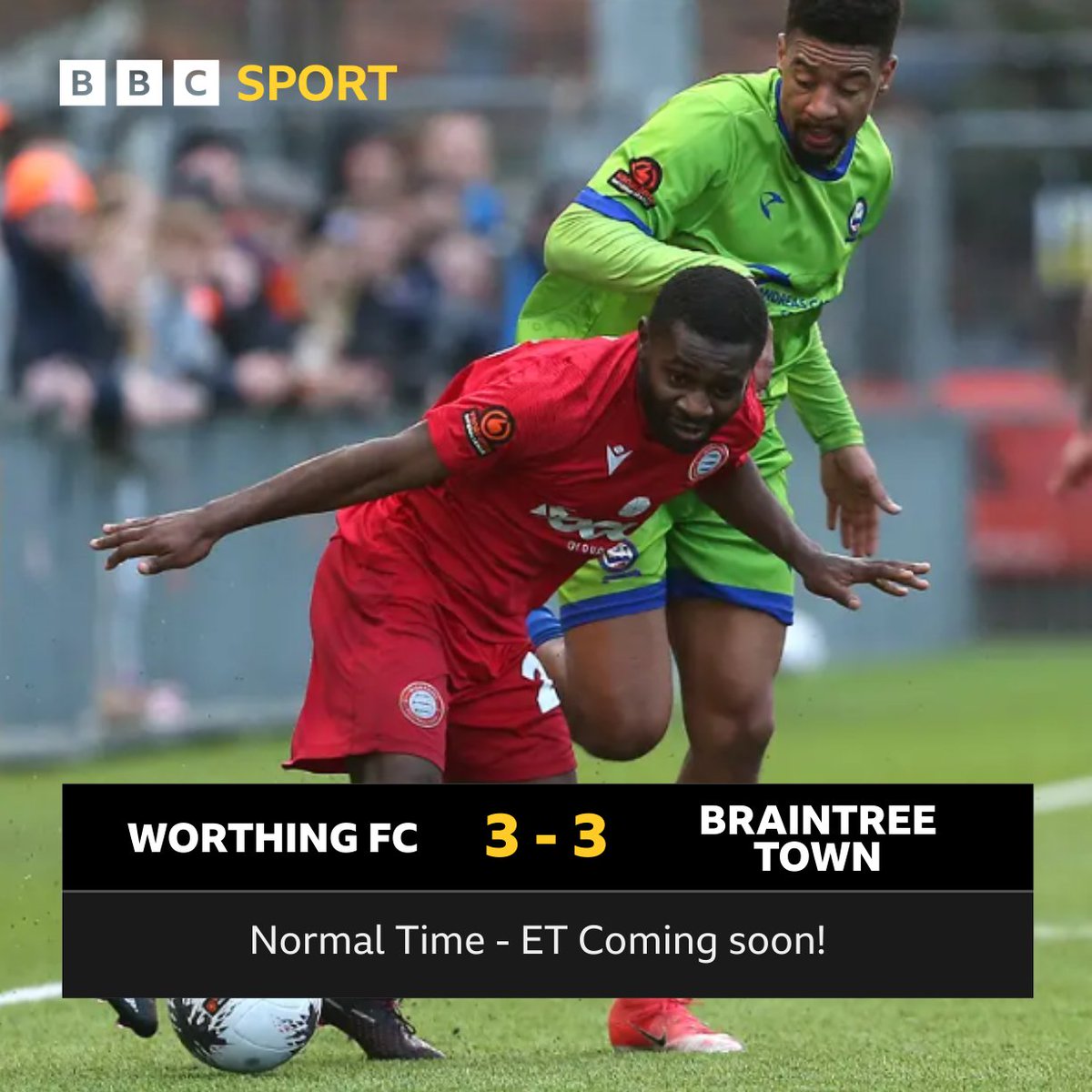 Worthing 3-3 Braintree Town ❤️ The show must go on! The two sides cannot be separated. 😅🤝 Going into extra-time, and maybe even penalties! 🥅 Live updates on @BBCSussex! 📻