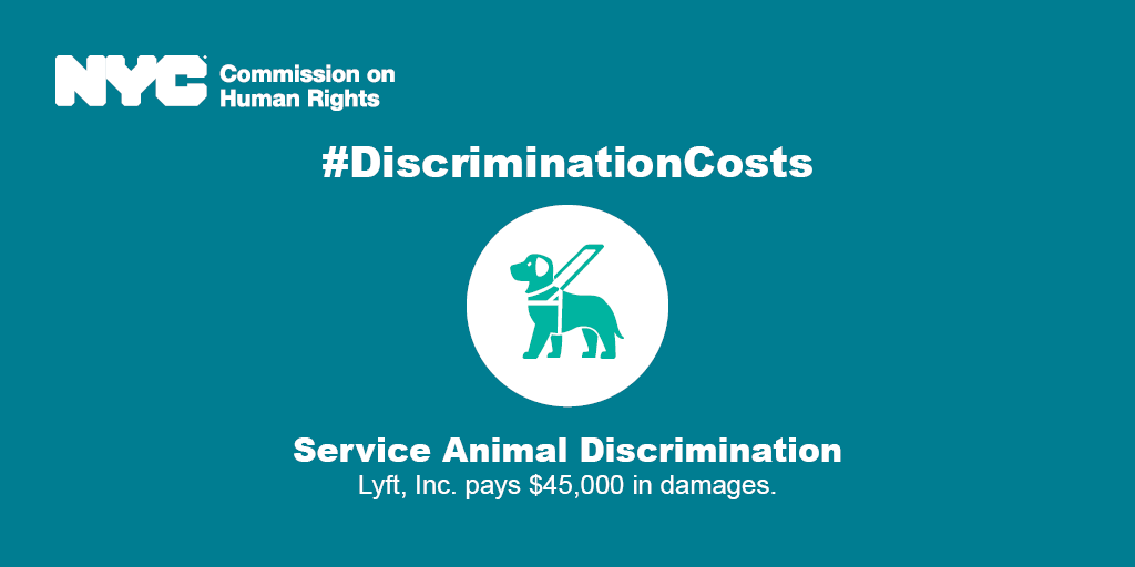 #DiscriminationCosts Lyft, Inc. paid $45,000 in damages to settle service animal discrimination complaint. Complainant, who utilizes a service animal, filed a complaint alleging that she was denied almost 20 Lyft rides because of the presence of her service animal.