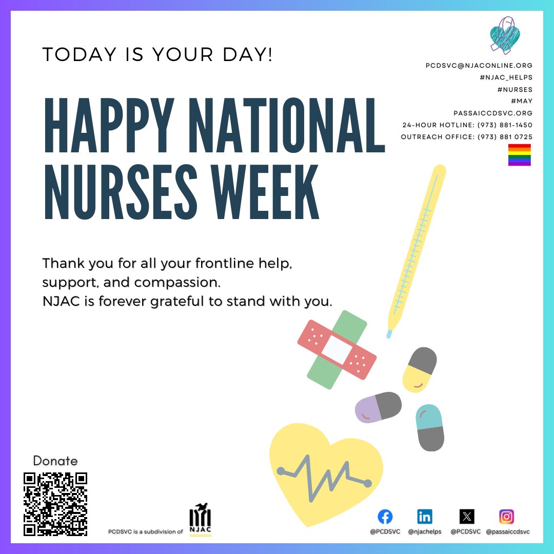 Happy Nurses Week to all the amazing nurses! Your hard work, compassion, and dedication do not go unnoticed while keeping us safe and healthy. 

#NursesWeek #NursesAppreciation #endsexualviolence #enddoemsticviolence #passaiccountynj #patersonnj #newjersey #njac_helps