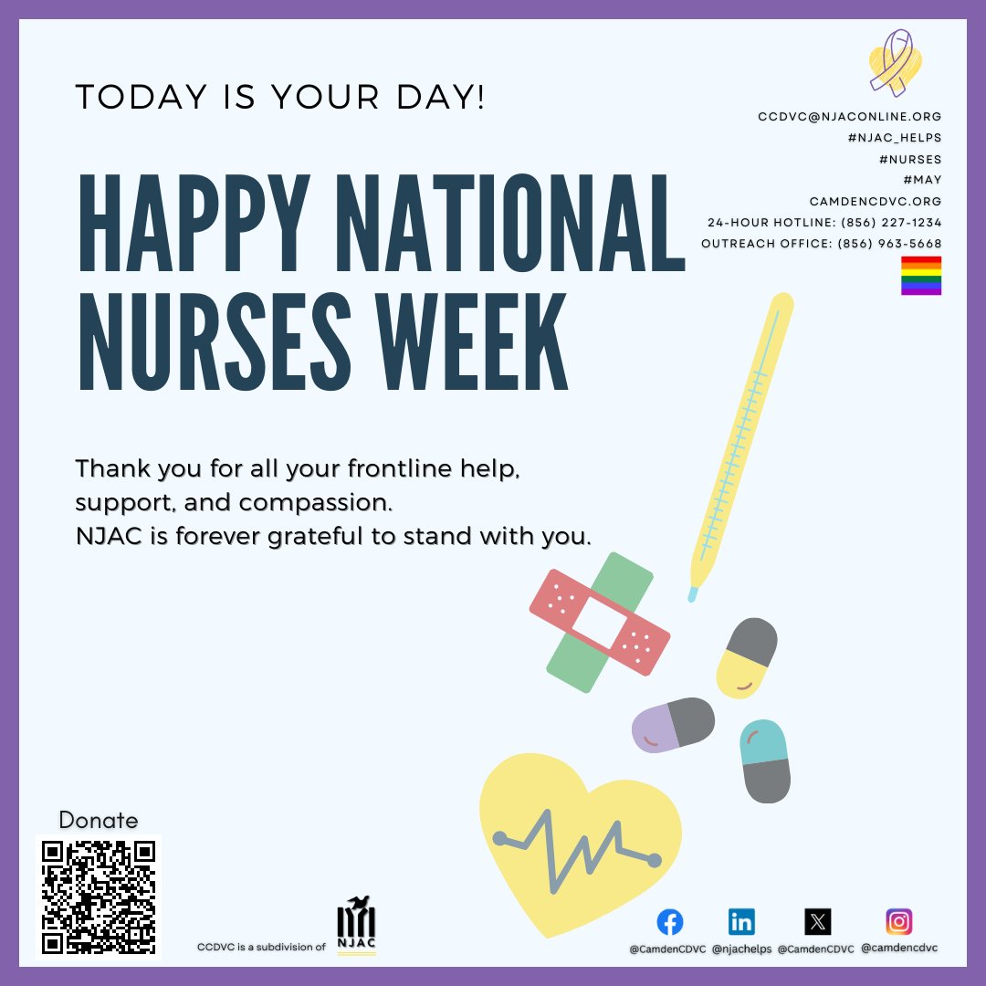 Happy Nurses Week to all the amazing nurses! Your hard work, compassion, and dedication do not go unnoticed while keeping us safe and healthy. 

#NursesWeek #NursesAppreciation #enddomesticviolence #camdencountynj #camdennj #newjersey #njac_helps