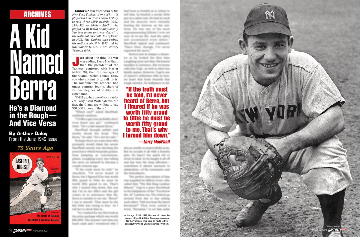 In the May/June issue of @BaseballDigest, you'll find a gem of an article about Grampa Yogi, written by the great Arthur Daley in 1949, just as the #Yankees were about to embark on their historic streak of 5 #WorldSeries in a row with 'A Kid Named Berra' behind the plate. 🙏⚾️❤️