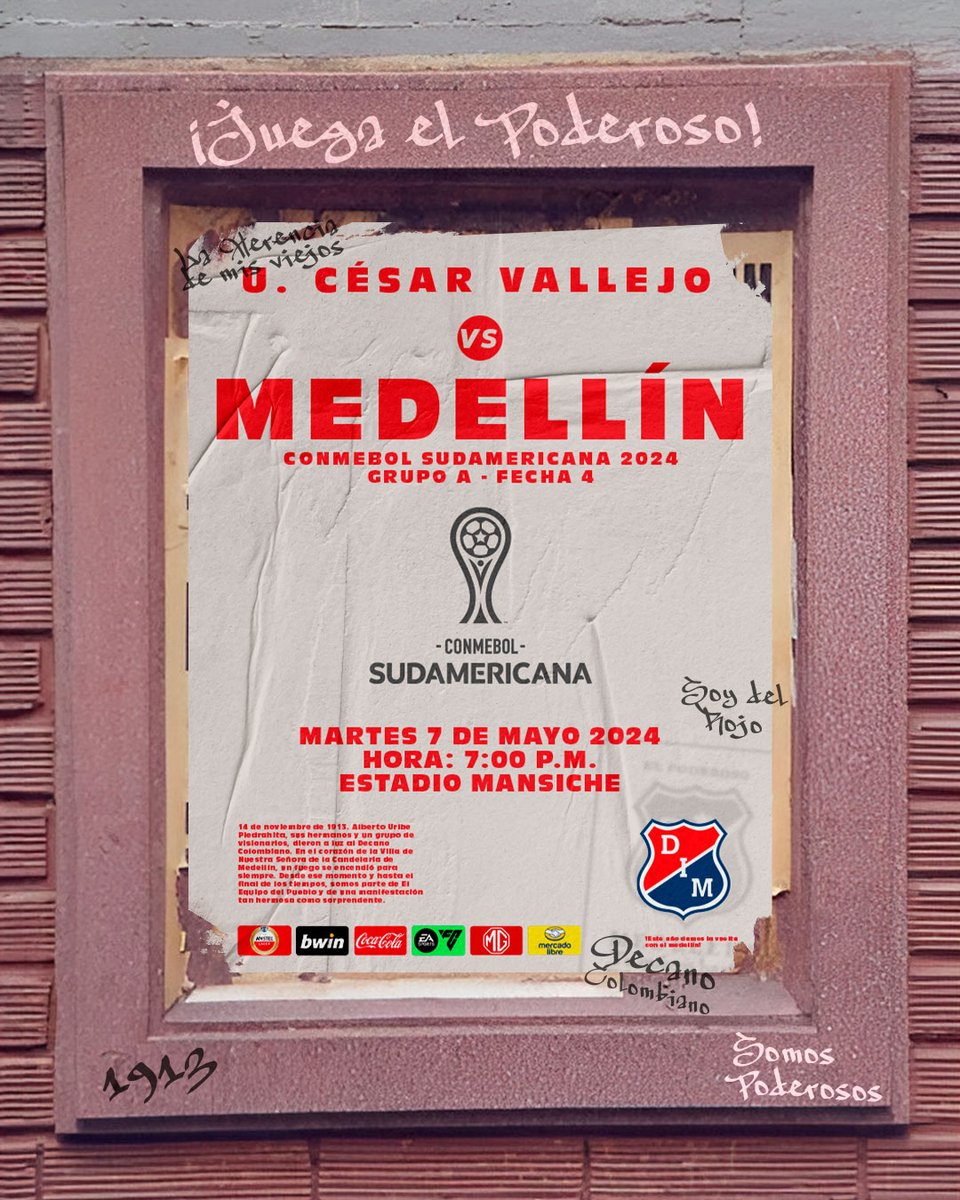 ¡Hoy todo es Alegría!, juega el #Poderoso

🥅  U. César Vallejo vs. Medellín
🏆 CONMEBOL Sudamericana 2024
📆 Grupo A - Fecha 4
🏟 Estadio Mansiche de Trujillo
🕗 7:00 p.m. (COL)
📺 ESPN / Star+

#MásFuertesJuntos ✊🔴🔵