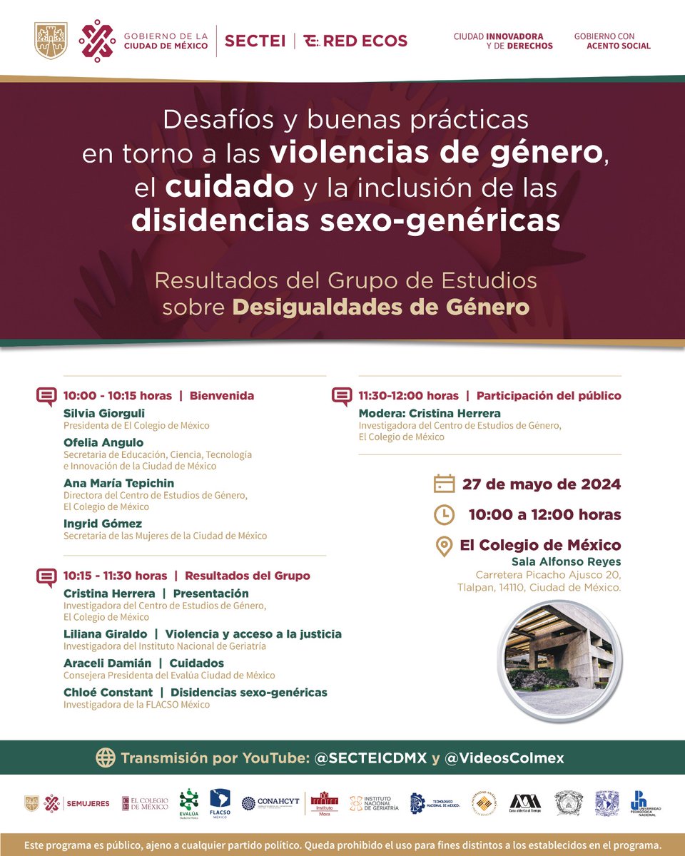 🟣 Súmate a la transmisión de la presentación de resultados del grupo de Estudios sobre desigualdades de género de la @Red_ECOs. Con la participación de la #Sectei, @FlacsoMx, @CEGColmex, @SeMujeresCDMX y @EvaluaCDMX. 🗓️ 27 de mayo ⌚️10 a 12 h Aquí 👇 sectei.cdmx.gob.mx/desigualdad