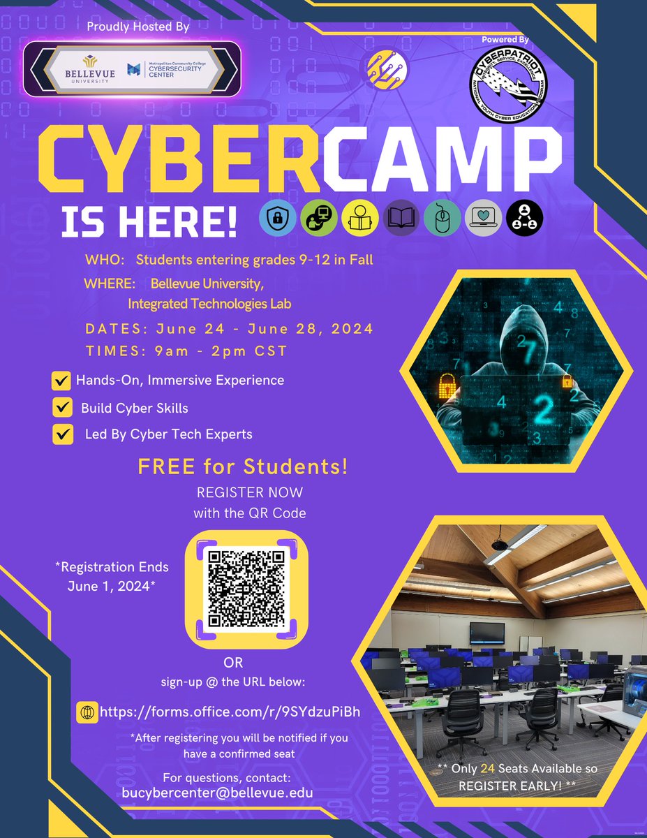 Registration is open for our FREE Cyber Camp, designed for 9th-12th graders. From hands-on activities to cyber defense competitions, it's a week you won't want to miss! ➡️ Register by June 1; spots are limited: news.bellevue.edu/registration-o…