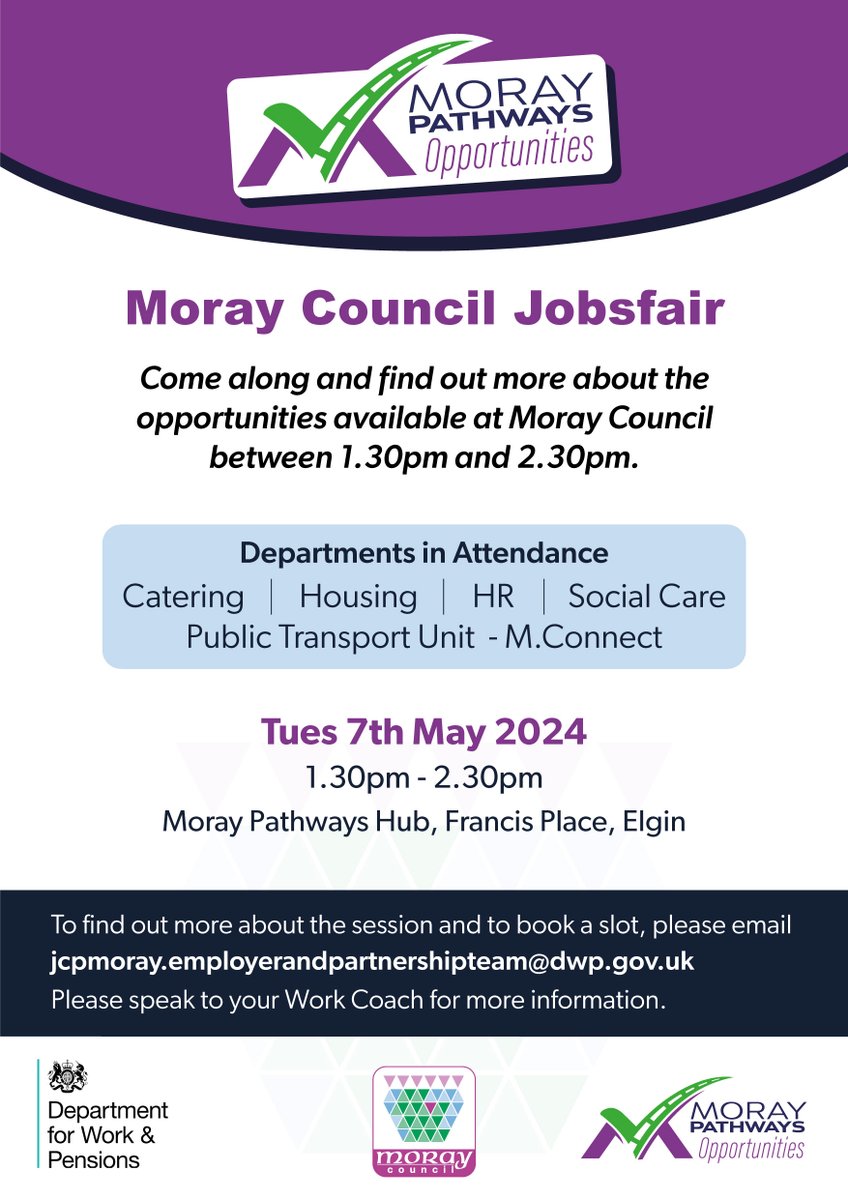 Considering a career with Moray Council?

🤩Happening Tomorrow!🤩 Moray Pathways have organised a Moray Council Jobsfair!

This fair will give you the opportunity to speak to various departments who all have current vacancies to fill!

@moraypathways  
@jcpinScotland