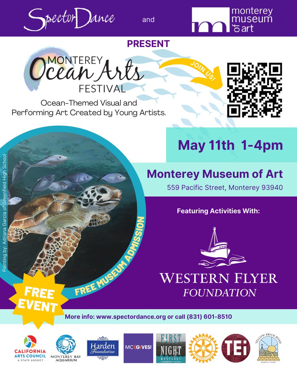 Join us at Ocean Arts Festival at the Monterey Museum of Art! May 11, from 1 to 4 p.m. PLUS, FREE MUSEUM ADMISSION

For more info, visit spectordance.org/oaf.html 
 #art #oceanart #montereycounty #montereymusemofart #youtharts #youthartists #oceanadvocacy #oceanconservation