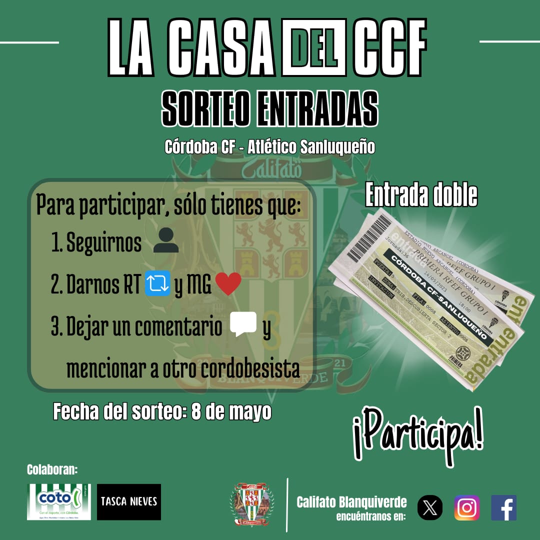 🤨 ¿No te perderás el PENÚLTIMO partido en El Reino de la fase regular, verdad?

¡Participa en el sorteo de una entrada doble y asiste al #CórdobaSanluqueño (sábado, 20h) con un/a acompañante!

🍀 𝘔𝘜𝘊𝘏𝘈 𝘚𝘜𝘌𝘙𝘛𝘌

#CalifatoBlanquiverde