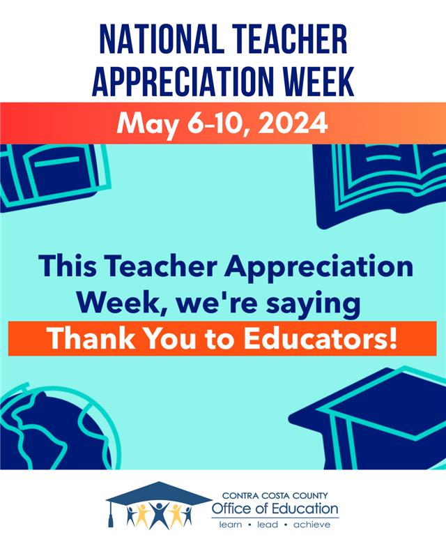 📚🍎 Happy National Teacher Appreciation Week to all the educators in Contra Costa County! 🎉You inspire, motivate, & guide our kids and adults on their educational journey every day. Here's to you and all that you do! 👩‍🏫👨‍🏫💙 #TeacherAppreciationWeek #ThankATeacher #Grateful 🌟📝