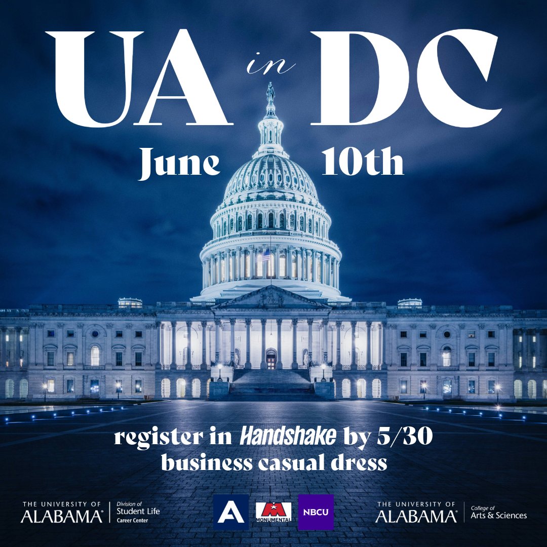 Hey online students, would you like the opportunity to visit our nation’s capital while networking and making real-world connections? Enjoy industry tours and panel discussions with UA in D.C. on June 10. Register by May 30 with Handshake: bit.ly/3w7KRWq