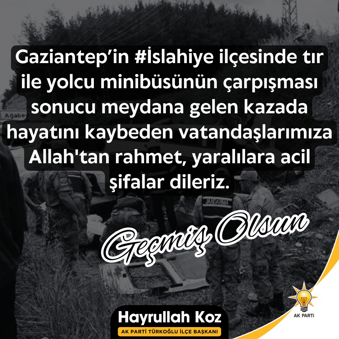 Gaziantep’in #İslahiye ilçesinde tır ile yolcu minibüsünün çarpışması sonucu meydana gelen kazada hayatını kaybeden vatandaşlarımıza Allah'tan rahmet, yaralılara acil şifalar dileriz.🤲

'Geçmiş Olsun'

#Gaziantep
#İslahiye
#Geçmişolsun