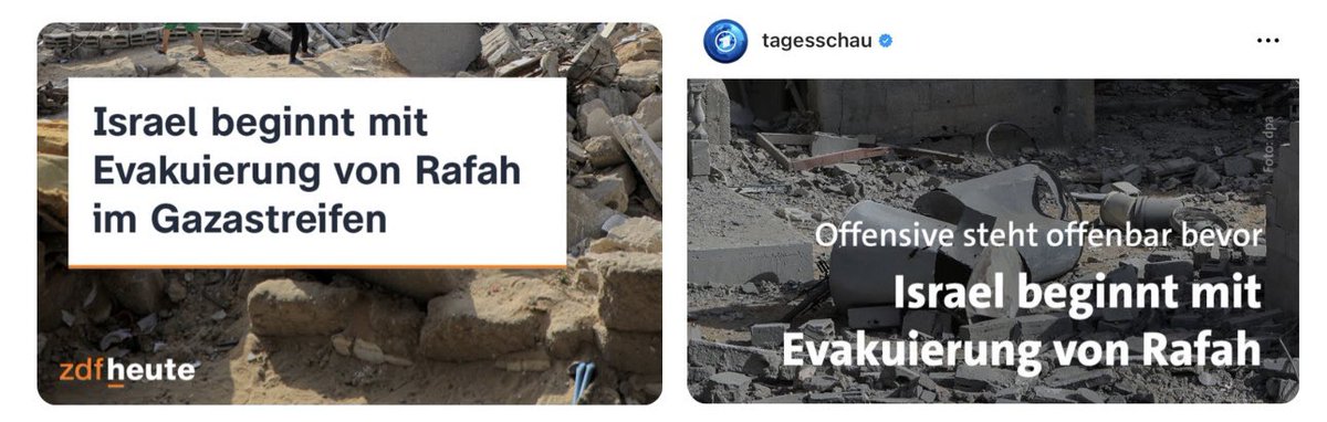 Israel befiehlt die gewaltsame Vertreibung von schutzlosen Zivilisten in Gaza. Was machen @ZDFheute und @tagesschau draus? „Evakuierung'. Als wären sie die Pressesprecher der israelischen Armee. Als wäre kritisch einordnender Journalismus im Falle Israels eine Straftat.