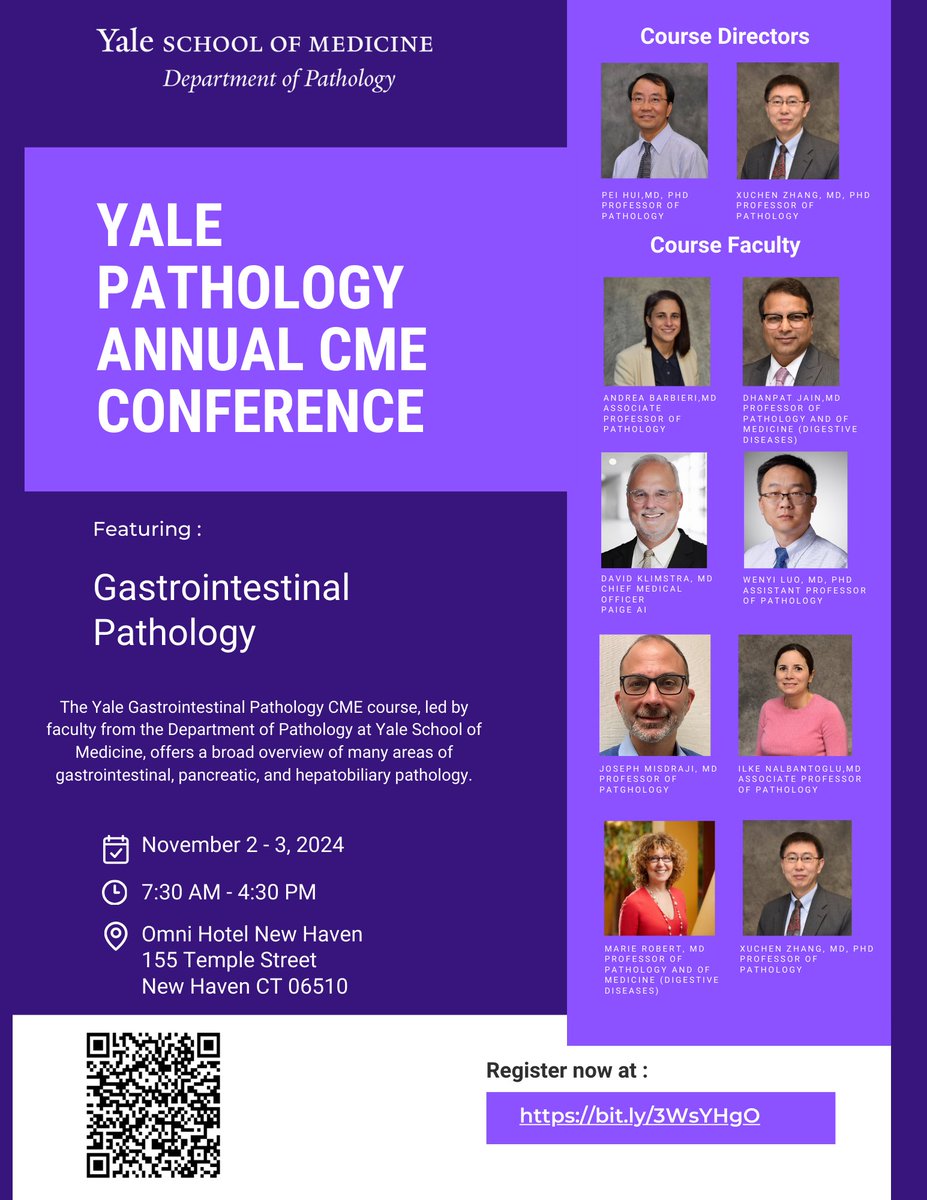 Mark your calendar: Our #Pathology Annual CME Conference is Nov. 2-3 in New Haven. Our esteemed faculty offer a broad overview of many areas of gastrointestinal, pancreatic & hepatobiliary pathology. Register now for special pricing. @YaleMed @YaleCancer bit.ly/3VbSCoE