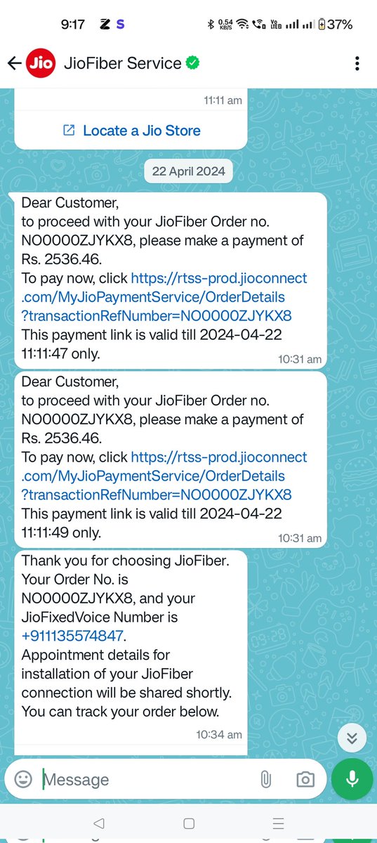 Order no. NO0000ZJYKX8
I have made a payment of 2500 to the jio link provided by the agent and the remaining 1000 rs I have paid to the 

Serviced by agent name- Gopal Kallu (Mob - 8810287067) @reliancejio
@JioCare