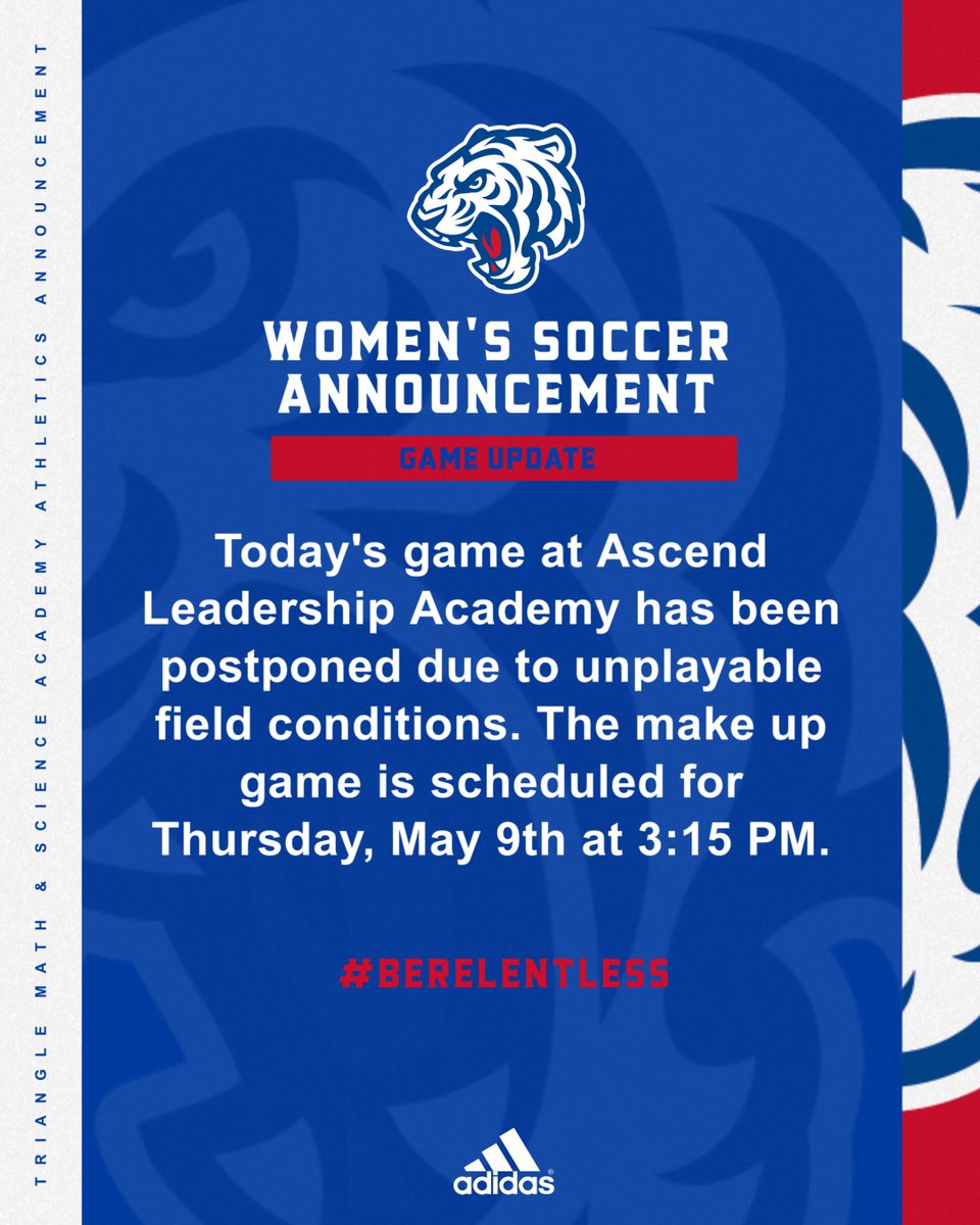 🚨 GAME UPDATE 🚨

Today's Women's Soccer match has been postponed. The makeup game is scheduled for Thursday at 3:15 PM.

#BeRelentless 🐅